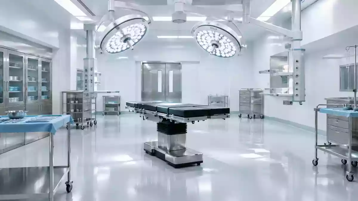 Ein heller, steriler Operationssaal mit medizinischer Ausstattung in einer modernen Klinik ohne sichtbare Personen. Illustration mit AI erstellt.