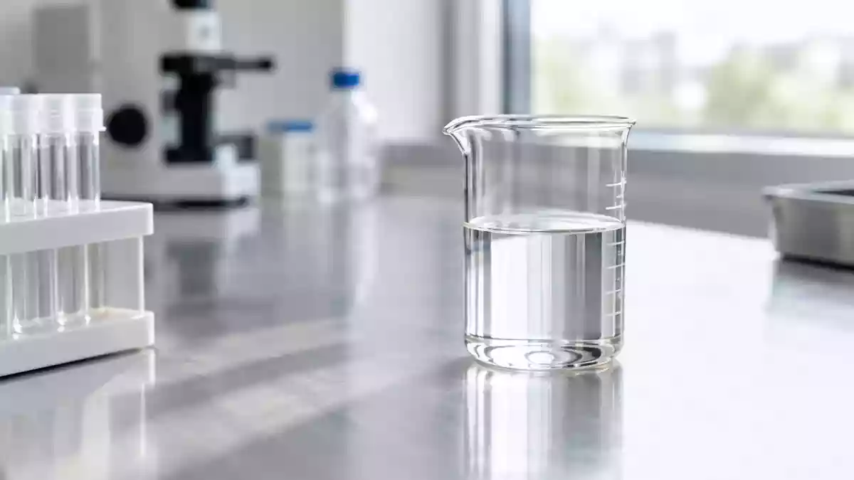 Ein steriles Glasgefäß mit einer klaren Flüssigkeit auf einem klinischen Labortisch in natürlichem Tageslicht. Illustration mit AI erstellt.