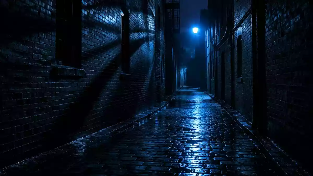 Eine nächtliche, menschenleere Gasse in einem urbanen Umfeld mit künstlichem Licht und langen Schatten. Illustration mit AI erstellt.