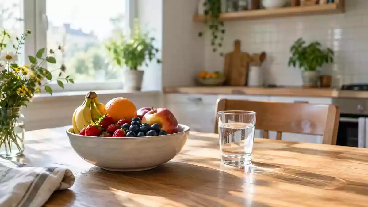 Ein heller, minimalistischer Küchentisch mit frischem Obst und einem Glas Wasser in einer häuslichen Umgebung. Illustration mit AI erstellt.