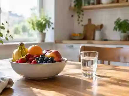 Ein heller, minimalistischer Küchentisch mit frischem Obst und einem Glas Wasser in einer häuslichen Umgebung. - Foto: über boerse-global.de