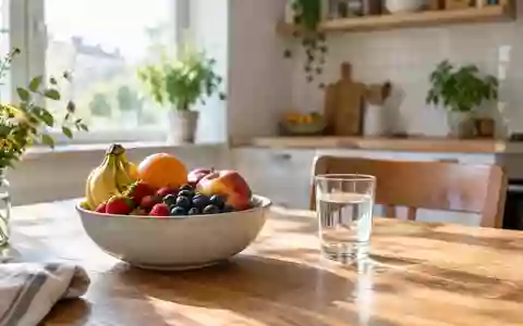 Ein heller, minimalistischer Küchentisch mit frischem Obst und einem Glas Wasser in einer häuslichen Umgebung. - Foto: über boerse-global.de