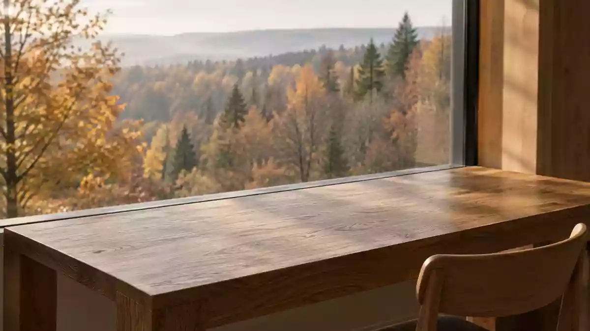 Ein minimalistischer, leerer Holztisch in einem hellen Raum vor einem Fenster mit Blick auf einen ruhigen Wald. Illustration mit AI erstellt.