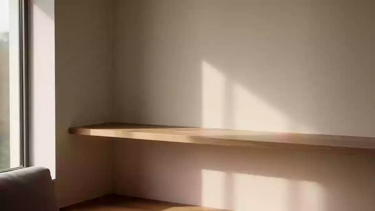 Ein minimalistisches, leeres Holzregal in einem hellen, aufgeräumten Raum, das Ordnung und Struktur symbolisiert. Illustration mit AI erstellt.