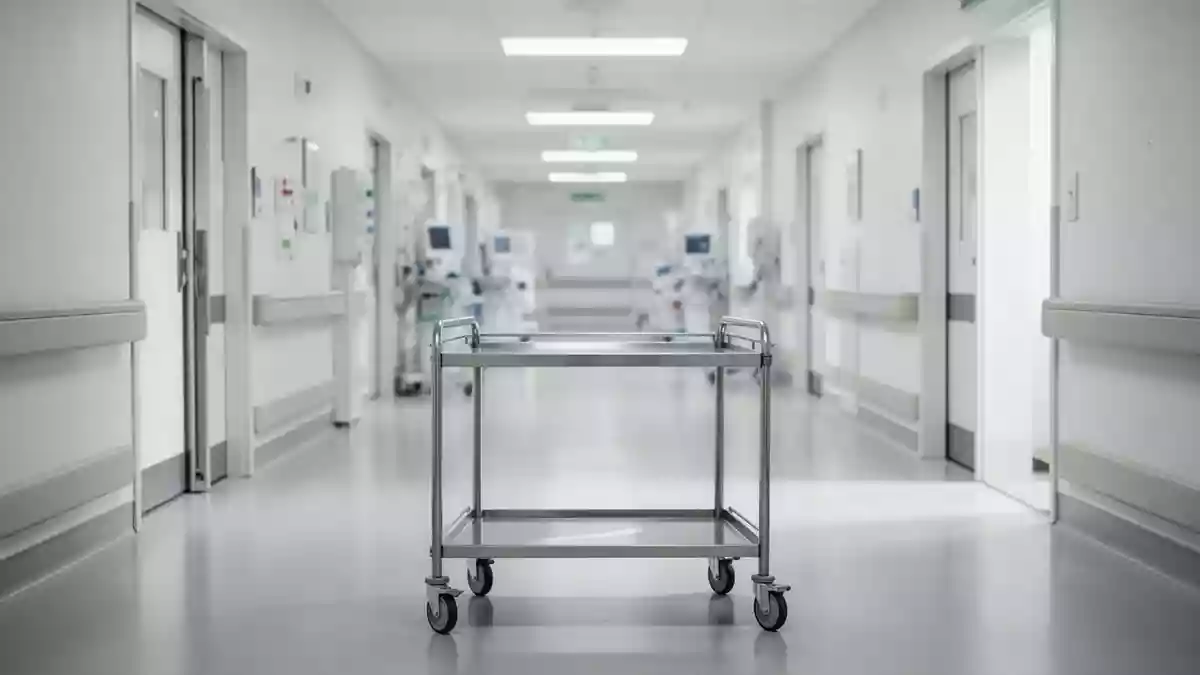 Ein heller, steriler Behandlungsraum in einer Klinik mit einem leeren medizinischen Gerätewagen und neutralem Hintergrund. Illustration mit AI erstellt.