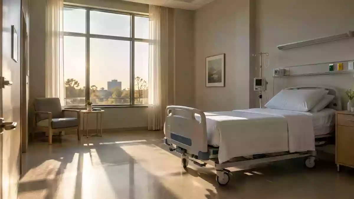 Ein ruhiges, minimalistisches Krankenzimmer mit weichem Tageslicht und einem ordentlich gemachten Bett. Illustration mit AI erstellt.