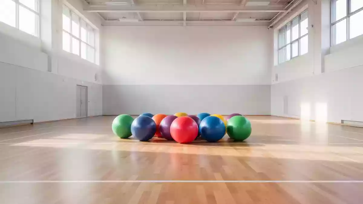 Leerer Mehrzweckraum mit ordentlich aufgereihten Gymnastikbällen auf einem hellen Holzboden. Illustration mit AI erstellt.