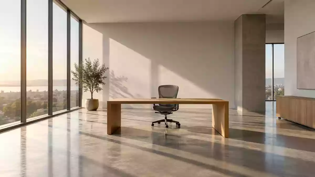 Ein leeres, minimalistisches Büro mit einem Holztisch und einem ergonomischen Stuhl in hellem Tageslicht. Illustration mit AI erstellt.