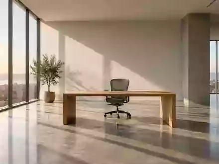 Ein leeres, minimalistisches Büro mit einem Holztisch und einem ergonomischen Stuhl in hellem Tageslicht. - Foto: über boerse-global.de
