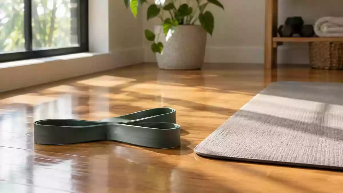 Minimalistischer Fitnessbereich in einem Raum mit Holzboden, Yogamatte und Widerstandsbändern im natürlichen Sonnenlicht. Illustration mit AI erstellt.