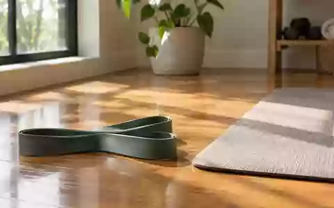 Minimalistischer Fitnessbereich in einem Raum mit Holzboden, Yogamatte und Widerstandsbändern im natürlichen Sonnenlicht. - Foto: über boerse-global.de