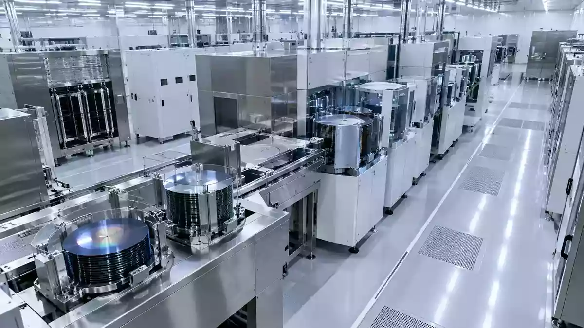 Ein steriler Reinraum in einer Halbleiterfertigung mit hochmodernen Maschinen zur Silizium-Wafer-Verarbeitung. Illustration mit AI erstellt.