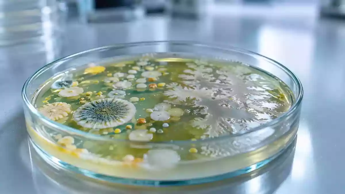 Nahaufnahme einer Petrischale mit mikrobiellen Kulturen in einem sterilen Laborumfeld. Illustration mit AI erstellt.