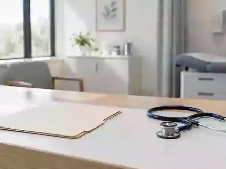 Ein minimalistisches, helles Behandlungszimmer mit einem leeren Ordner und einem Stethoskop auf einem Holztisch. - Foto: über boerse-global.de