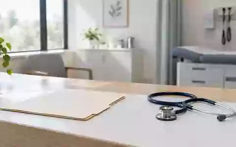 Ein minimalistisches, helles Behandlungszimmer mit einem leeren Ordner und einem Stethoskop auf einem Holztisch. - Foto: ĂĽber boerse-global.de