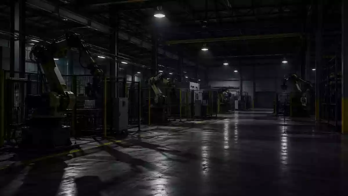 Eine weitläufige, nächtliche Fabrikhalle mit stillstehenden Industriemaschinen und Montagearmen in einer ruhigen, schattigen Atmosphäre. Illustration mit AI erstellt.