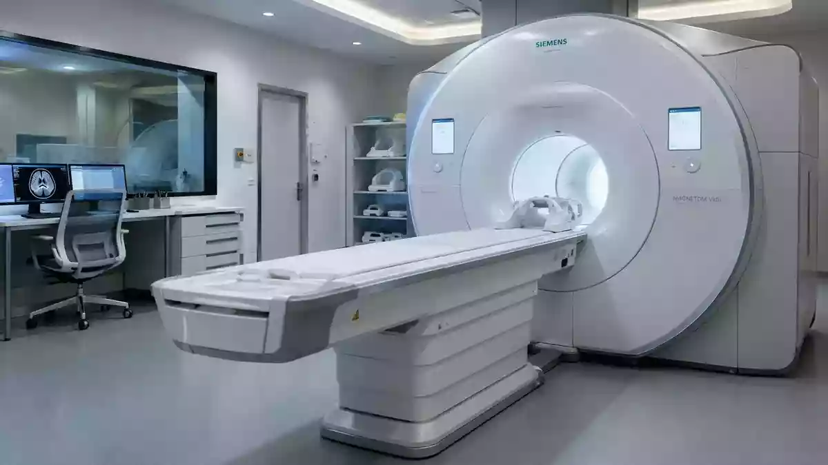 Ein klinischer Untersuchungsraum mit medizinischer Bildgebungstechnologie in einer sterilen, modernen Umgebung. Illustration mit AI erstellt.