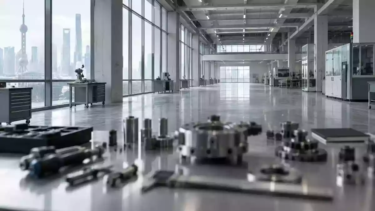 Ein minimalistisches, modernes Industrielabor in Shanghai mit Werkbänken und mechanischen Komponenten in einer sterilen Umgebung. Illustration mit AI erstellt.