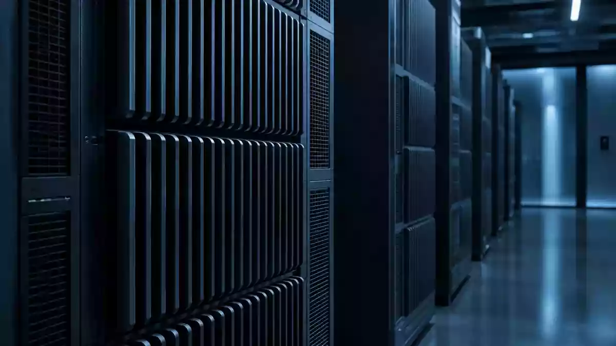 Abstrakte Ansicht einer modernen Server-Infrastruktur in einem klimatisierten Technikraum. Illustration mit AI erstellt.