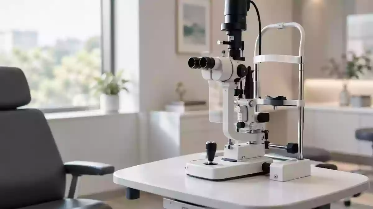 Ein modernes, minimalistisches Behandlungszimmer in einer Augenklinik mit einem Spaltlampenmikroskop bei Tageslicht. Illustration mit AI erstellt.