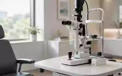 Ein modernes, minimalistisches Behandlungszimmer in einer Augenklinik mit einem Spaltlampenmikroskop bei Tageslicht. - Foto: über boerse-global.de