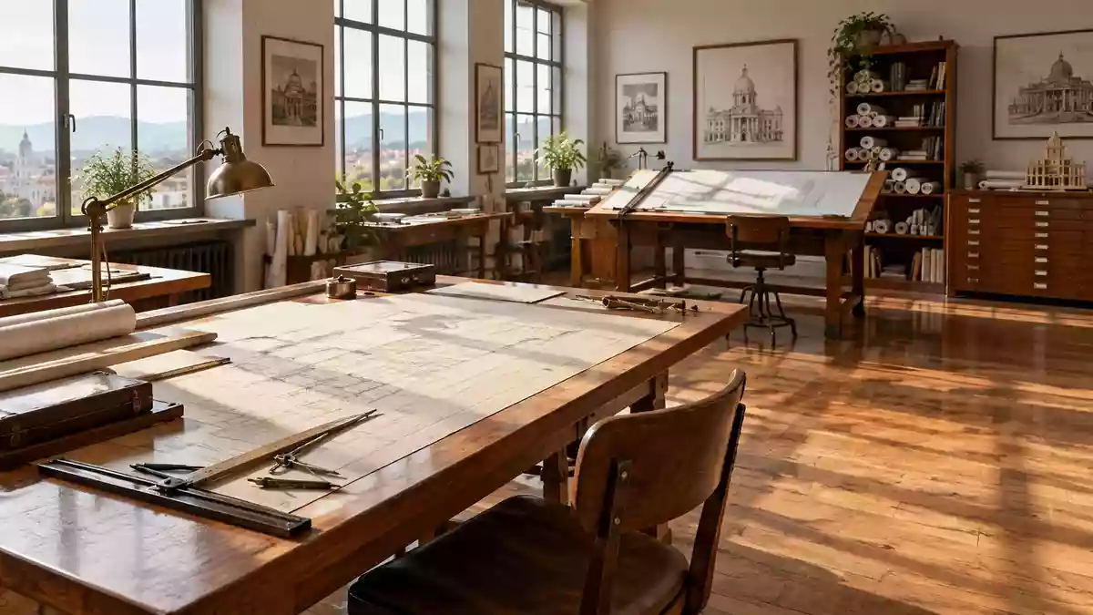 Ein sonnendurchflutetes Architekturbüro mit Zeichentischen und Bauplänen, ohne Menschen oder Bildschirme. Illustration mit AI erstellt.