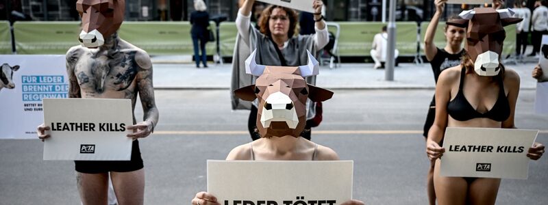 Demonstranten der Tierschutzorganisation Peta fordern, auf die Verwendung von Tierhäuten in der Mode zu verzichten. - Foto: Britta Pedersen/dpa