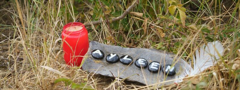 Eine Kerze und eine Tafel mit dem Namen Ayleen liegt am Ufer des Teufelsee im hessischen Wetteraukreis, wo die Leiche der 14-jährigen Ayleen gefunden wurde. - Foto: Frank Rumpenhorst/dpa
