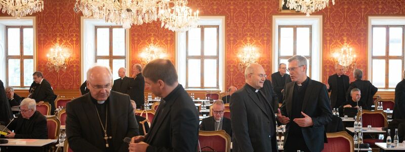Die Bischöfe stehen zu Beginn der Herbstvollversammlung der Deutschen Bischofskonferenz im Fürstensaal des Stadtschlosses Fulda. - Foto: Sebastian Gollnow/dpa