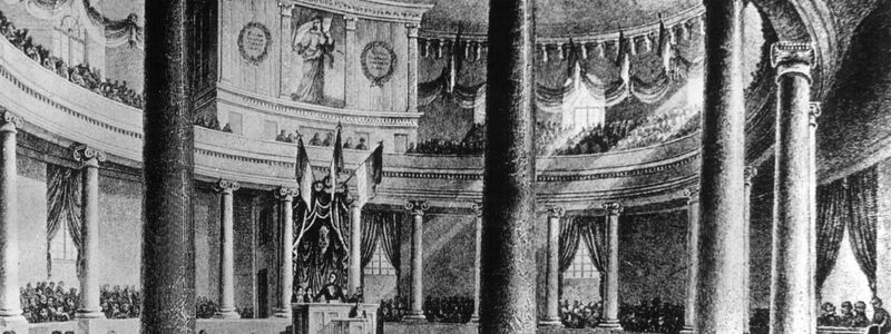 Die zeitgenössische Darstellung zeigt die erste Sitzung der Nationalversammlung, die von ihrem Präsidenten Heinrich von Gagern am 18. Mai 1848 in der Frankfurter Paulskirche eröffnet wurde. - Foto: -/dpa