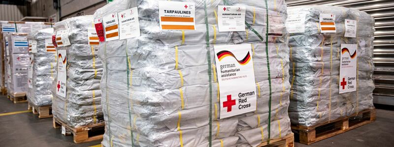 Hilfsgüter des Deutschen Roten Kreuzes (DRK) für die vom Erdbeben betroffenen Regionen in der Türkei warten in einer Halle am Flughafen BER auf den Transport. - Foto: Fabian Sommer/dpa