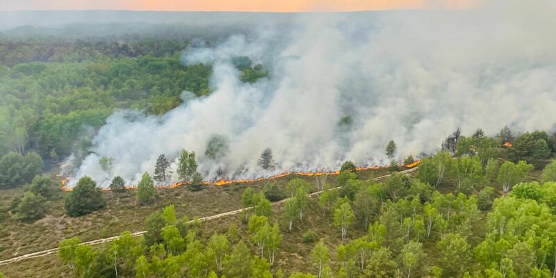 Ein Blick auf das Waldbrandgebiet in Jüterbog aus einem Hubschrauber der Bundespolizei. - Foto: --/Bundespolizei/dpa