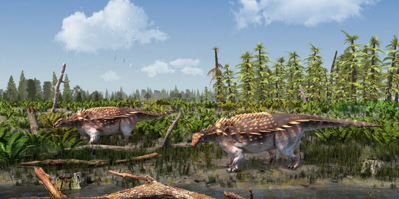 Eine Illustration der Vectipelta barretti. Laut Forschenden könnten sich die Dinos in der frühen Kreidezeit vor rund 140 Millionen Jahren frei von Asien nach Europa bewegt haben. - Foto: Stuart Pond/dpa
