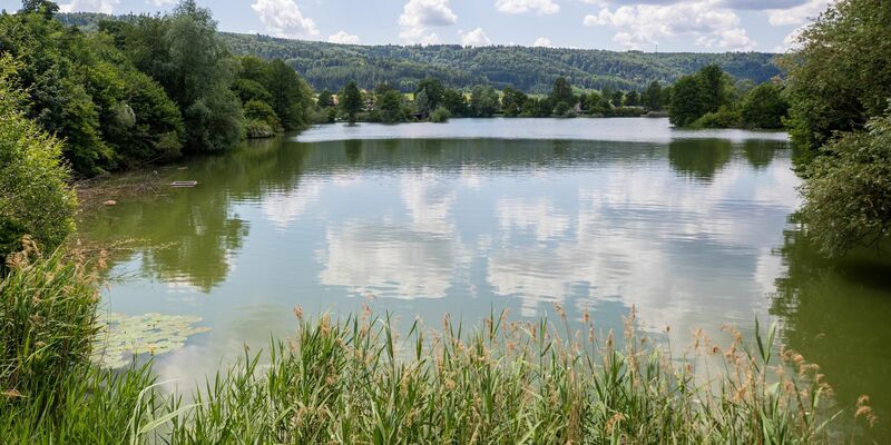 Einzelne Wolken ziehen über einen Badesee hinweg. - Foto: Christoph Schmidt/dpa