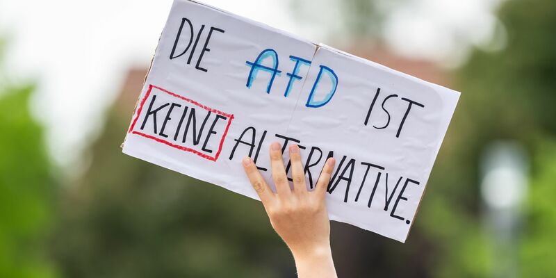 Ein Protestplakat während einer Kundgebung gegen die AfD-Veranstaltung «Der Nationalstaat zwischen Föderalismus und Europäischer Union». - Foto: Silas Stein/dpa