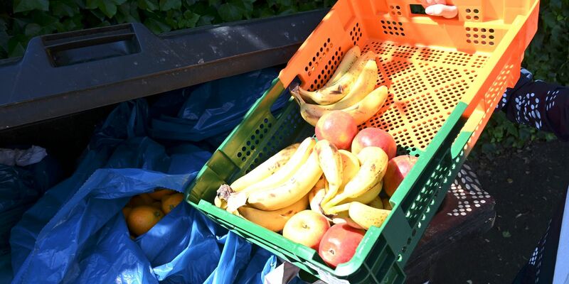 Ein Mitarbeiter eines Supermarktes bringt Obst zu einem Müllcontainer. - Foto: Carmen Jaspersen/dpa