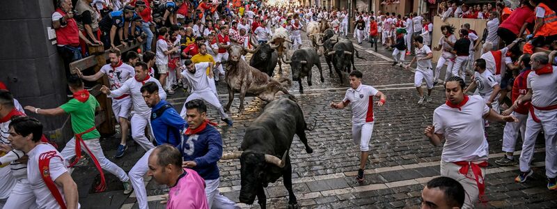 Viele Läufer halten traditionell eine aufgerollte Zeitung in der Hand, mit der sie während der Hatz anderen Läufern Zeichen geben und den Stieren auch leichte Klapse geben können, um sie zu dirigieren. - Foto: Alvaro Barrientos/AP