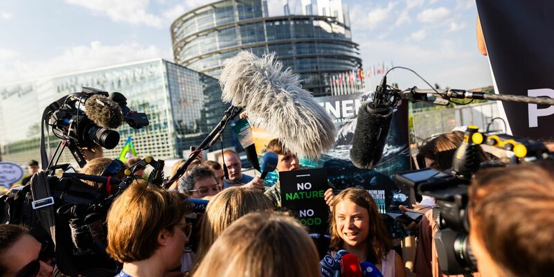 Mittendrin: Klimaaktivistin Greta Thunberg (M.) setzt sich in Straßburg für das EU-Naturschutzgesetz ein. - Foto: Philipp von Ditfurth/dpa