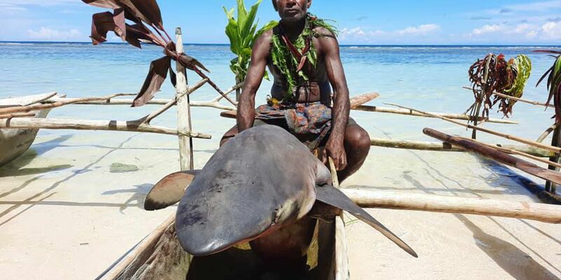 Ein Mann sitzt beim «Shark Calling Festival» in einem Boot. Auf der Insel vor Papua-Neuguinea rufen Einheimische gefährliche Haie mit Liedern und Rasseln. - Foto: Christina Steiner/Godfree Abage/Shark Calling Festival/dpa