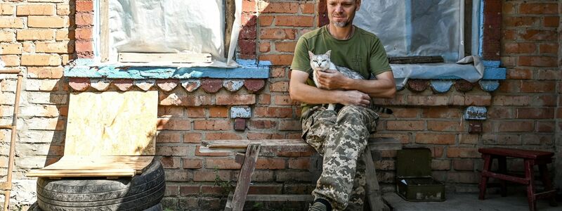Ein Soldat der Territorialen Verteidigung der Ukraine aus Dnipro legt eine Pause ein - eine Katze leistet ihm Gesellschaft. - Foto: ---/Ukrinform/dpa