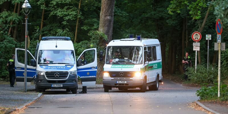 Polizeiautos fahren aus dem Wald in dem sich die Raubkatze befinden soll. - Foto: Gerald Matzka/dpa