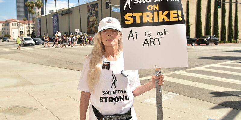 Die britisch-amerikanische Theater- und Filmschauspielerin Frances Fisher steht mit einem Streikschild vor den Warner Bros. Studios. - Foto: Richard Shotwell/Invision/AP/dpa
