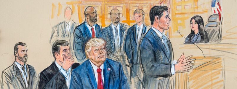 Die Gerichtszeichnung zeigt den ehemaligen US-Präsidenten Donald Trump (M), der sich vor dem Bundesgericht in Washington mit seinem Verteidiger Todd Blanche (l) berät. - Foto: Dana Verkouteren/AP/dpa