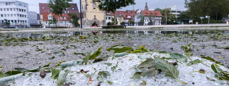 Hagelkörner und vom Sturm abgerissene Blätter liegen in Reutlingen auf dem Boden. - Foto: Thomas Warnack/dpa