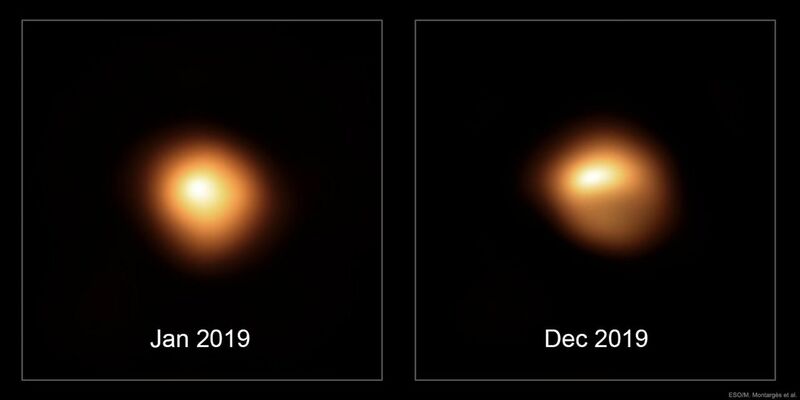 Die beiden Bilder, die mit dem Very Large Telescope der Europäischen Südsternwarte aufgenommen wurden, zeigen, wie die Oberfläche des Sterns Anfang und Ende 2019 aussah. - Foto: ESO, M. Montargès et al./dpa