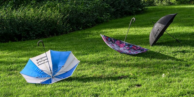 Aufgespannte Regenschirme liegen zum Trocknen auf einer Wiese. Jetzt kommt die Hitze. - Foto: Jens Kalaene/dpa