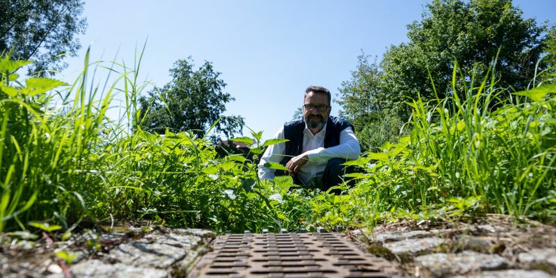 Die Regenrinne einer Straße in Neu-Ulm ist mit losem Steinen gesichert, so dass Regenwasser dort versickern kann. - Foto: Stefan Puchner/dpa