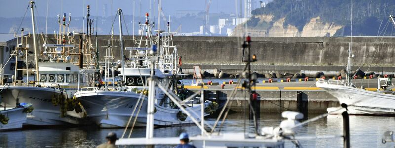 Fischerboote im Hafen von Namie vor dem Hintergrund des havarierten Kernkraftwerks Fukushima Daiichi. - Foto: Uncredited/kyodo/dpa