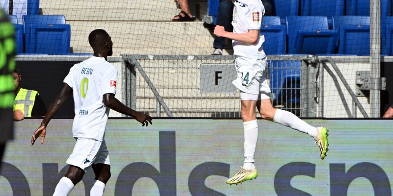 Der Hoffenheimer Maximilian Beier (r) bejubelt seinen Treffer zum 2:1. - Foto: Uli Deck/dpa