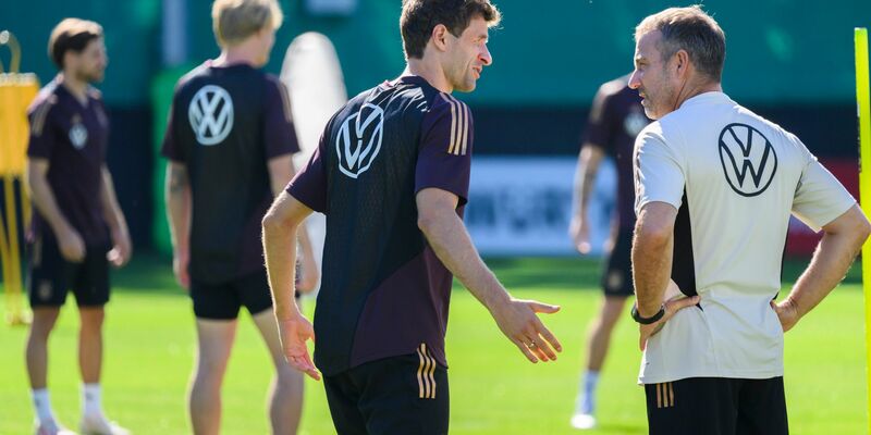 Thomas Müller (l) bekommt von Bundestrainer Hansi Flick viel Lob. - Foto: Julian Stratenschulte/dpa